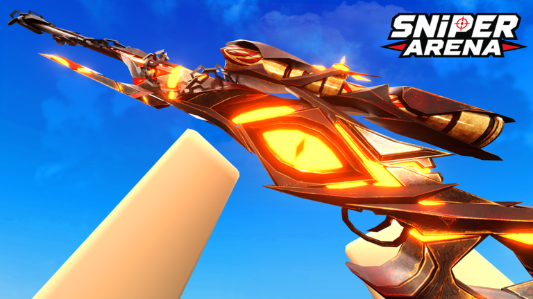 Orange and gold glowing sniper rifle from Sniper Arena against a blue sky, with the Sniper Arena logo