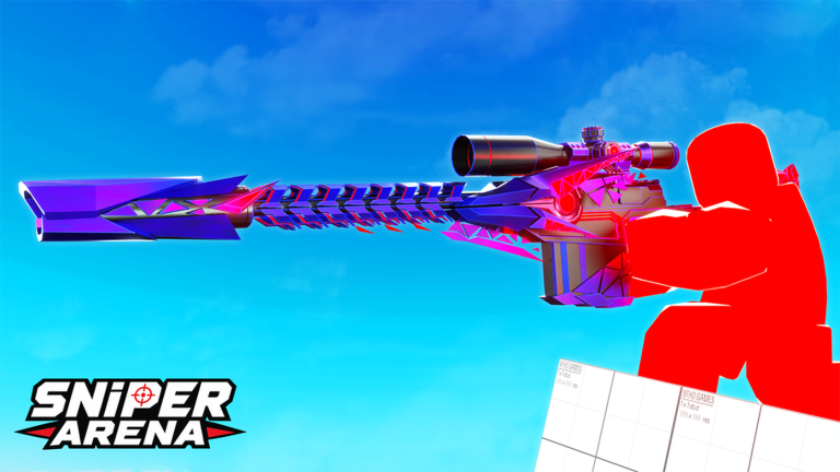 Red Roblox character aiming a purple and pink sniper rifle in Sniper Arena